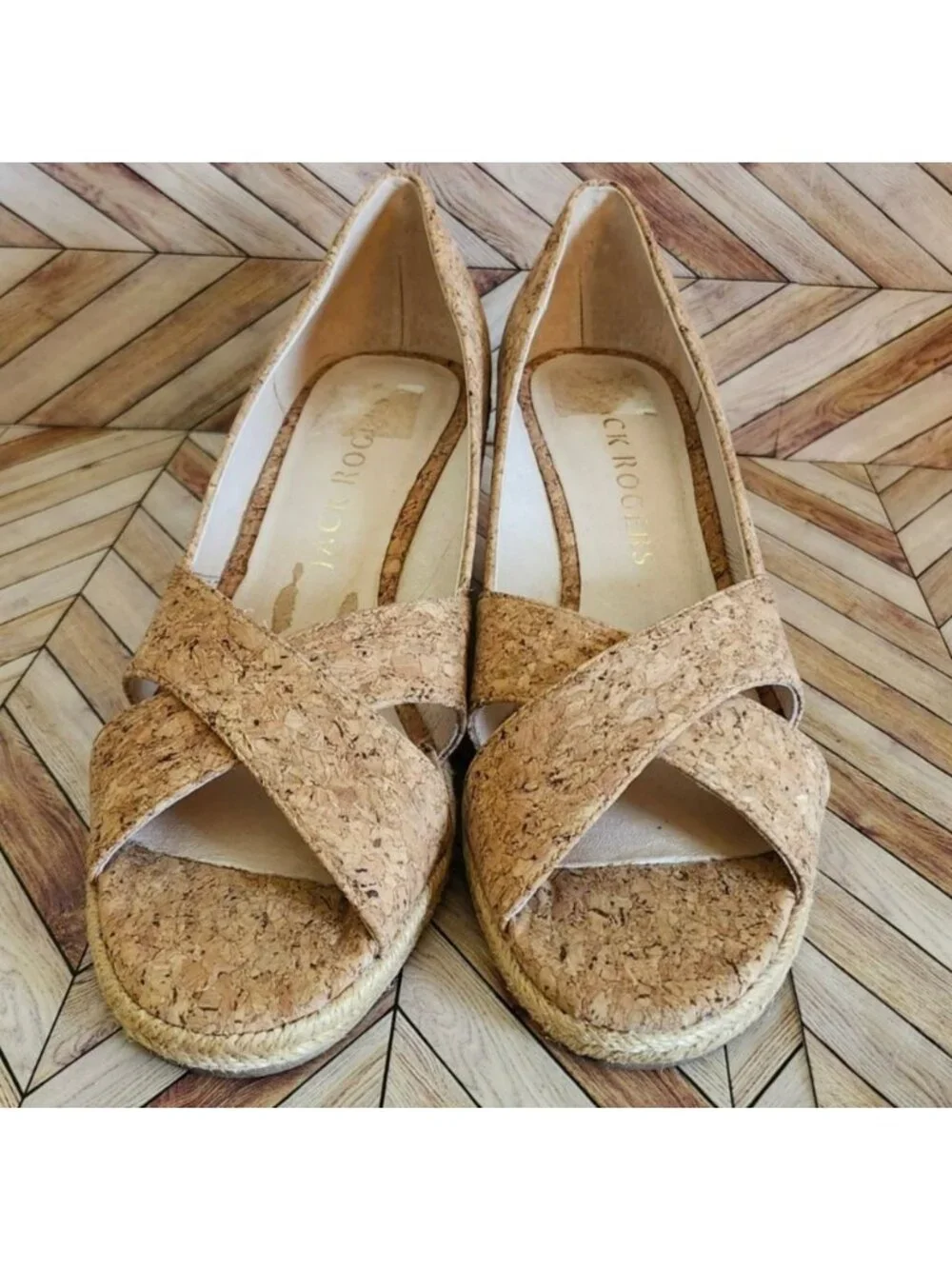 Women Jack Rogers Palmer Crisscross Wedge Tan Cork Espadrille Shoe Size 7.5